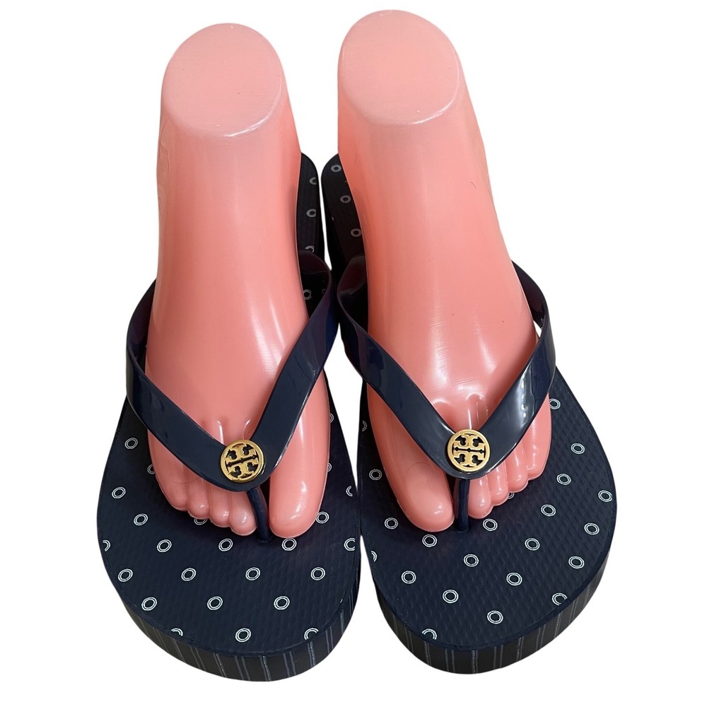 Tory Burch Navy Blue Polka Dot Platform Wedge Flip Flops Gold Logo Sandals Sz 11